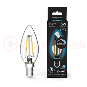 Лампа светодиодная LED 5 Вт 450 Лм 4100К белая Е14 Свеча диммируемая Filament Gauss