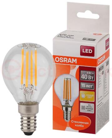 Лампа светодиодная LED 4Вт Е14 STAR ClassicP (замена 40Вт),теплый, прозр. Филаментная Osram