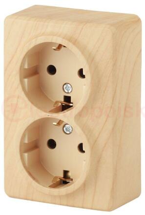 Розетка 2х2P+E Schuko со шторками, 16A-250В, ОУ, Эра Эксперт, сосна, 11-2206-11