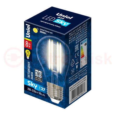 Лампа светодиодная LED 8вт 200-250В форма А прозрачное 800Лм E27 3000К Uniel Sky филамент