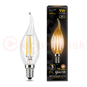 Лампа светодиодная LED 9 Вт 680 Лм 2700К теплая Е14 Свеча на ветру Filament Gauss