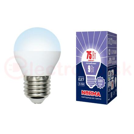 Лампа светодиодная LED-G45-9W/DW/E27/FR/NR Форма шар, матовая. Серия Norma. Дневной белый свет (6500K). Картон. ТМ Volpe