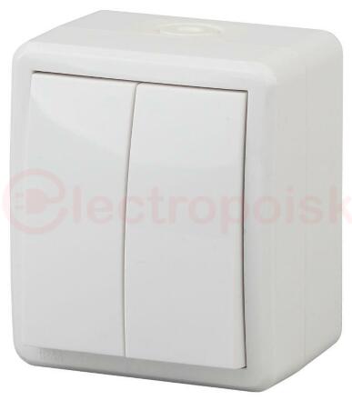 Выключатель двойной IP54, 10АХ-250В, ОУ, Эра Эксперт, Al+Cu,белый,11А-1404-01