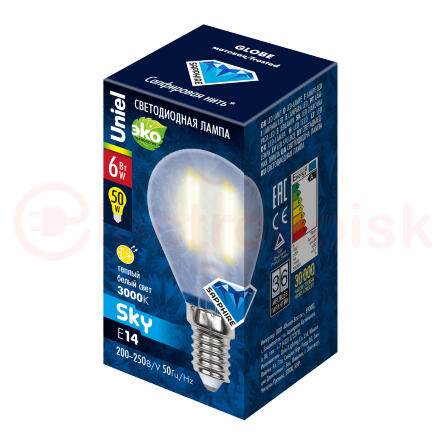 Лампа светодиодная LED 6вт 200-250В шар матовое 500Лм Е14 3000К Uniel Sky филамент
