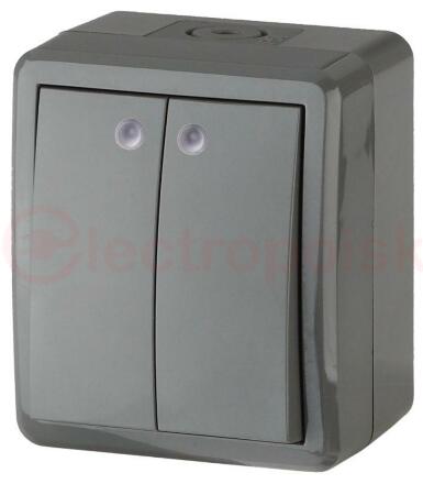 Выключатель двойной с подсветкой IP54, 10АХ-250В, ОУ, Эра Эксперт, серый,11-1405-03