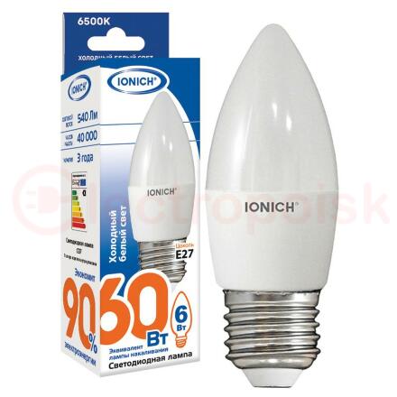 Лампа светодиодная LED 6w 6500К, E27, 540Лм, матовая свеча IONICH