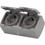 Розетка Intro Atlantic 5-204-03 двойная с заземлением 2х2P+E Schuko шторки, 16А-250В, IP54, открытой установки, серый ЭРА