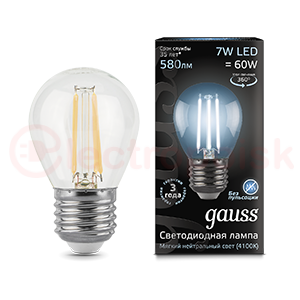 Лампа светодиодная LED 7 Вт 580 Лм 4100К белая Е27 Шар Filament Gauss