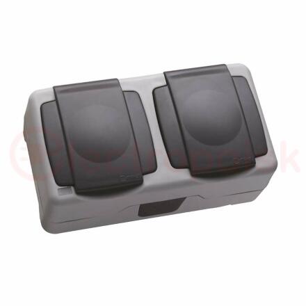 Розетка двойная герметичная с крышкой IP55 серая (пружинный зажим)