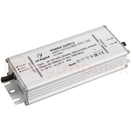 Блок питания ARPJ-UH362800-PFC-55C (100W, 2.8A) (ARL, IP67 Металл, 5 лет)