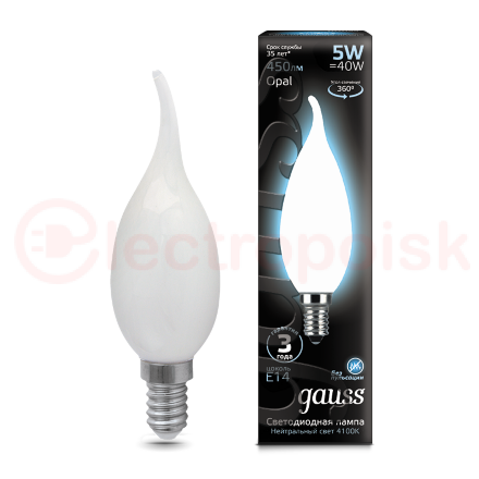 Лампа светодиодная LED 5 Вт 450 Лм 4100К белая Е14 Свеча на ветру milky Filament Gauss