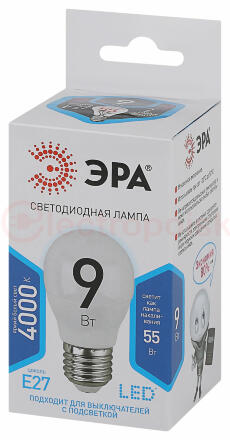 Лампа светодиодная Е27 9Вт шар нейтральный белый свет STD LED P45-9W-840-E27 E27 / ЭРА