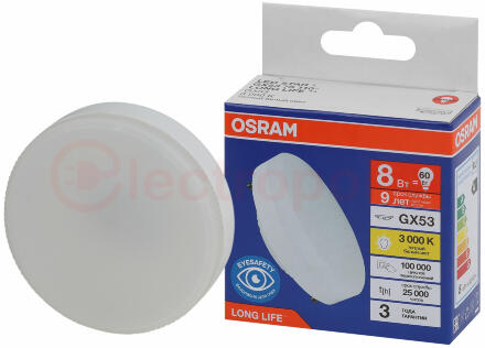 Лампа светодиодная LED 8Вт GX53 3000К 640Лм спот 220В (замена 60Вт) OSRAM
