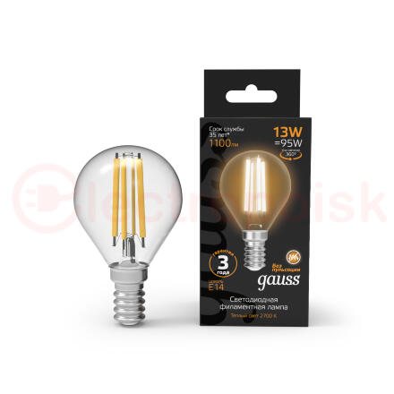 Лампа светодиодная LED 13Вт 1100Лм 2700К теплая Е14 Шар Filament Gauss