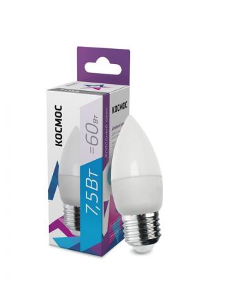 Лампа светодиодная LED 7.5Вт CN 220В Е27 D37х99 6500К холодный 600лм Космос