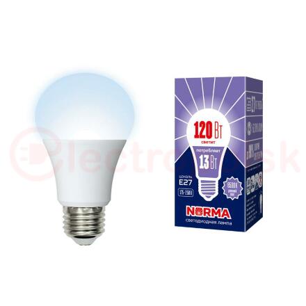 Лампа светодиодная LED-A60-13W/DW/E27/FR/NR . Форма A, матовая. Серия Norma. Дневной белый свет (6500K). Картон. ТМ Volpe