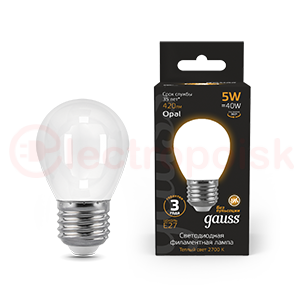 Лампа светодиодная LED 5 Вт 420 Лм 2700К теплая Е27 Шар milky Filament Gauss