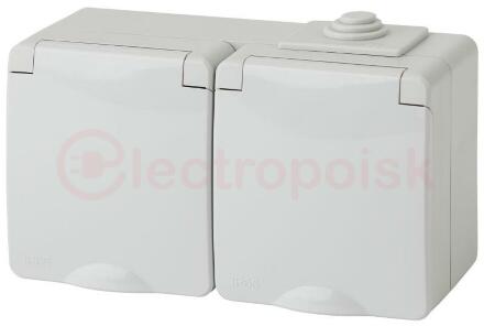 Розетка 2х2P+E гориз. IP65, шторки, 16A-250В, ОУ, Эра Эксперт, серый, 11-2604-03