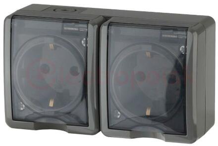 Розетка 2х2P+E IP54, шторки, 16A-250В, ОУ, Эра Эксперт, серый, 11-2404-03