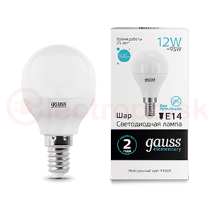 Лампа светодиодная LED 12 Вт 920 Лм 4100К белая Е14 Шар Elementary Gauss
