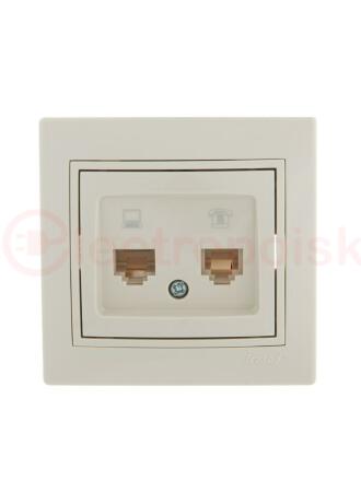 Розетка телефон/компьютер RJ45+RJ11 бежевая с вставкой