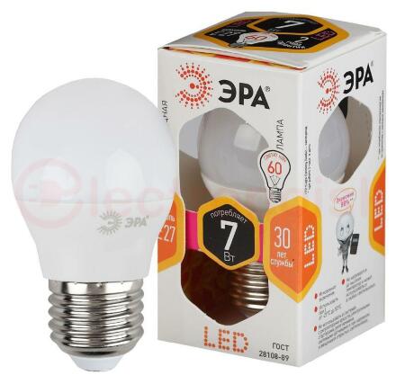 Лампа светодиодная Эра LED P45-7W-827-E27 (диод, шар, 7Вт, тепл, E27)