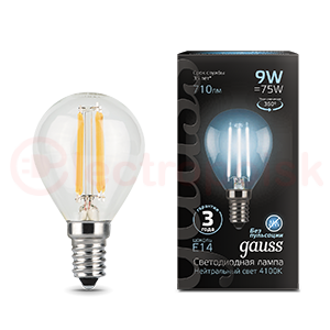 Лампа светодиодная LED 9 Вт 710 Лм 4100К белая Е14 Шар Filament Gauss
