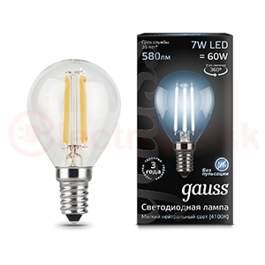 Лампа светодиодная LED 7 Вт 580 Лм 4100К белая Е14 Шар Filament Gauss
