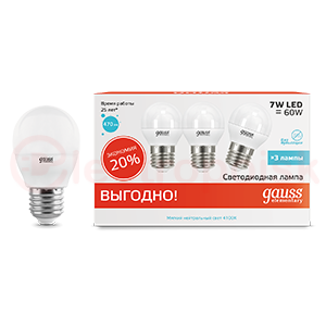 Лампа светодиодная LED 7 Вт 470 Лм 4100К белая E27 Шар (3 лампы в упаковке) Elementary Gauss